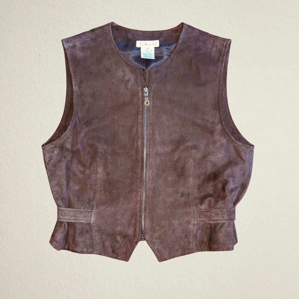 Brown suede leather sleeveless belted vest Talbots biker boho chic indie autumn